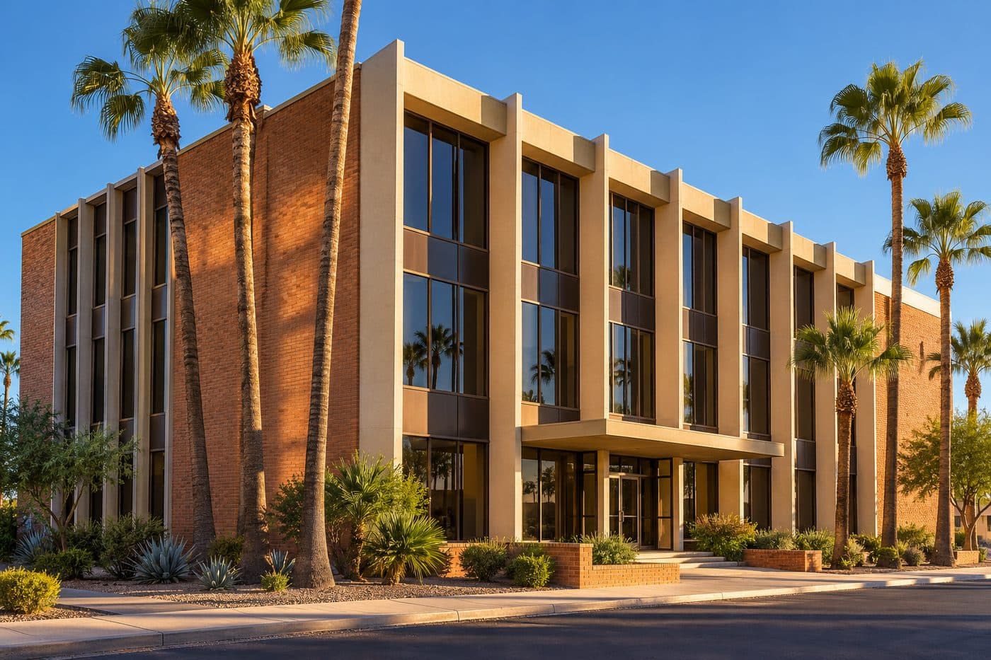 Three-story mid-century office building with brick and vertical fins among palm trees